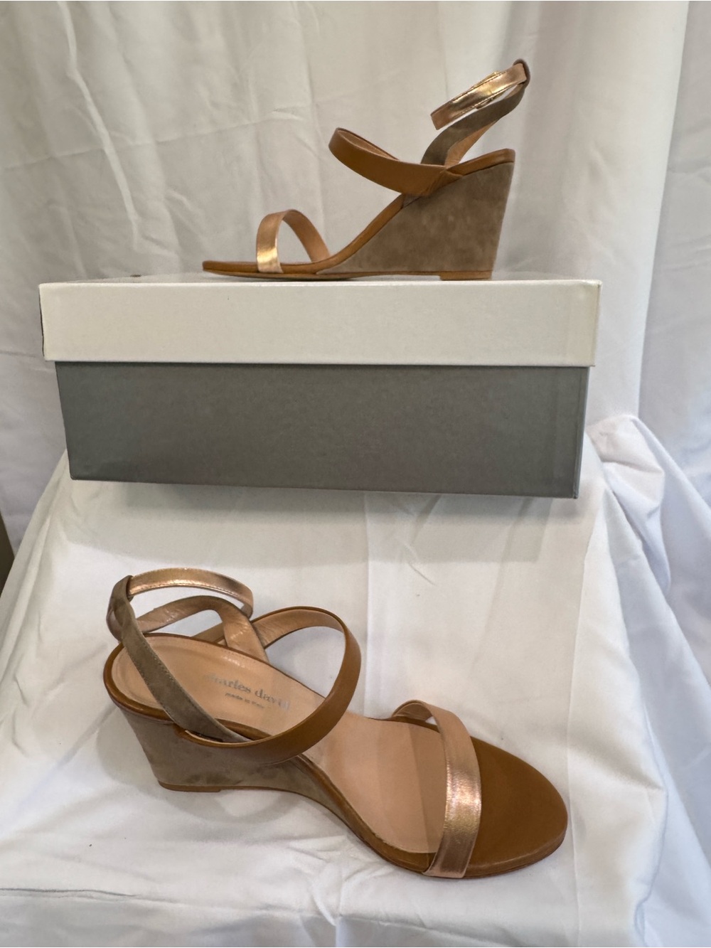 Charles David Metallic Rose Gold and Tan Wedge Sandals